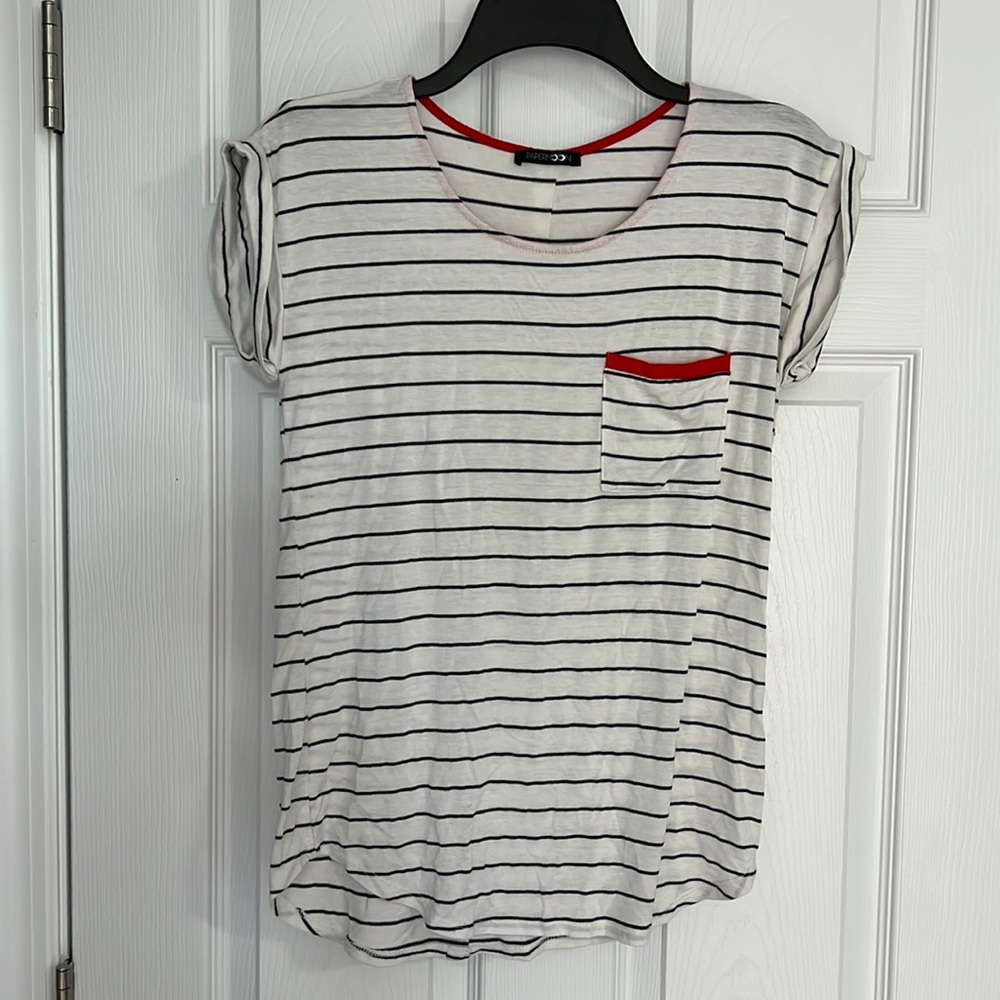 Papermoon-Anica one pocket knit tee, white with black stripes/red accents, WS